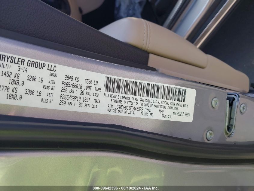 2014 Dodge Durango Limited VIN: 1C4RDHDG5EC445972 Lot: 39642396