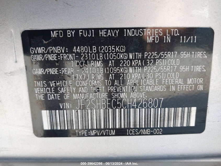 2012 Subaru Forester 2.5X Limited VIN: JF2SHBEC5CH426807 Lot: 39642398