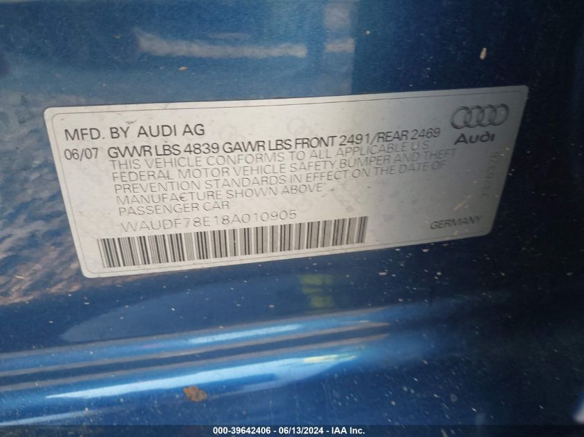 2008 Audi A4 2.0T VIN: WAUDF78E18A010905 Lot: 39642406