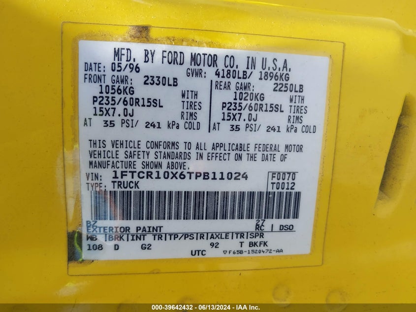 1996 Ford Ranger VIN: 1FTCR10X6TPB11024 Lot: 39642432