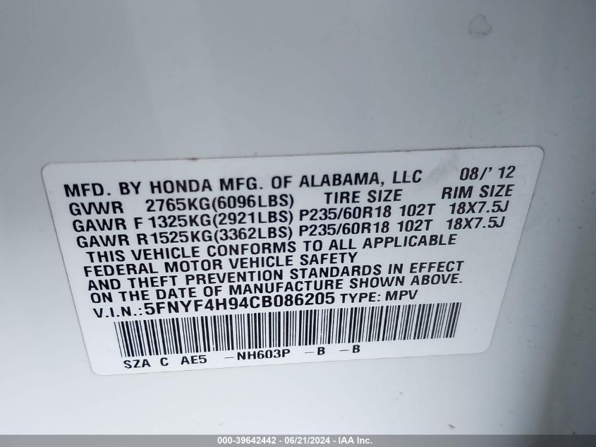 2012 Honda Pilot Touring VIN: 5FNYF4H94CB086205 Lot: 39642442