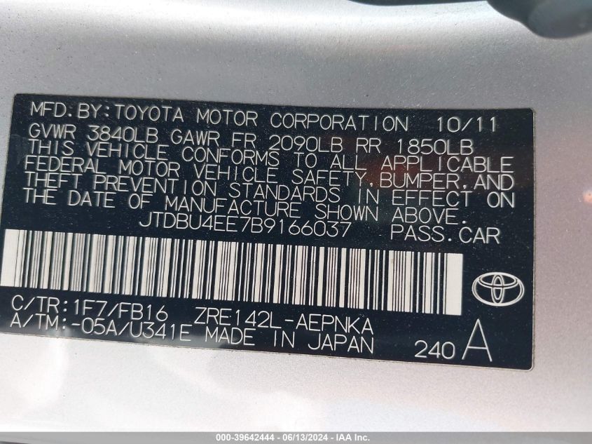 2011 Toyota Corolla Le VIN: JTDBU4EE7B9166037 Lot: 39642444