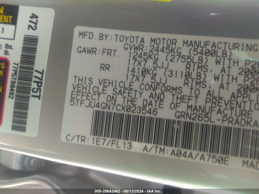 2012 Toyota Tacoma Prerunner V6 VIN: 5TFJU4GN7CX023546 Lot: 39642462