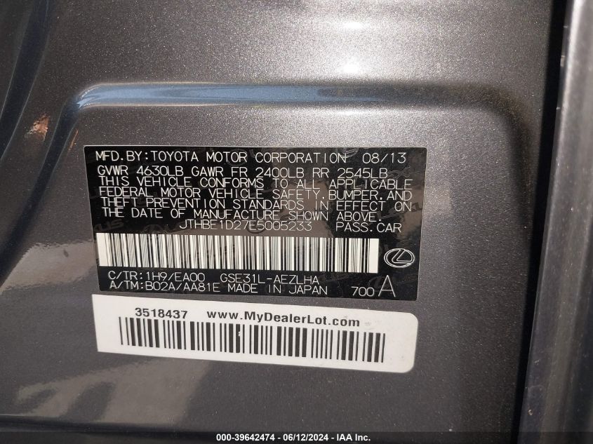 2014 Lexus Is 350 VIN: JTHBE1D27E5005233 Lot: 39642474