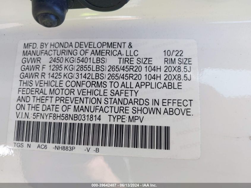 2022 Honda Passport Awd Ex-L VIN: 5FNYF8H58NB031814 Lot: 39642487