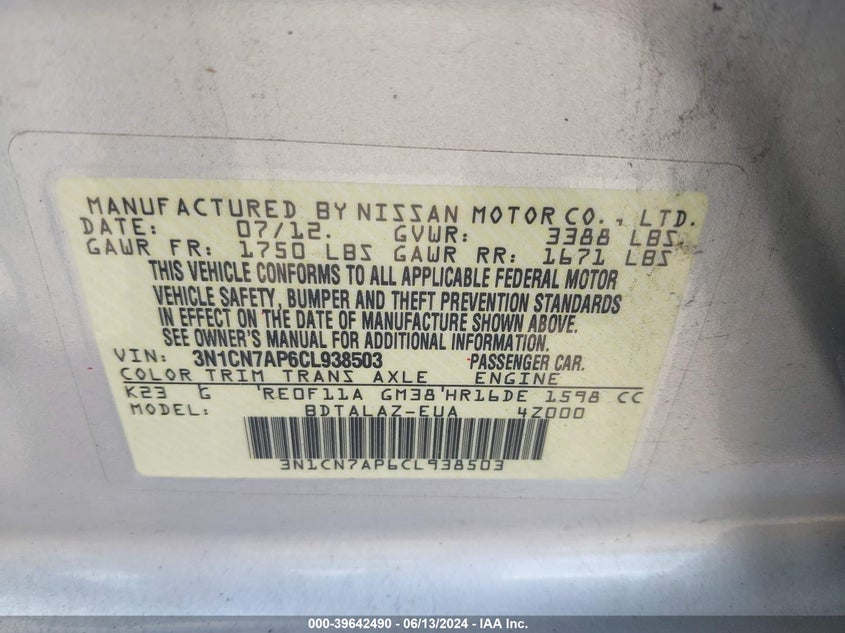 2012 Nissan Versa 1.6 S VIN: 3N1CN7AP6CL938503 Lot: 39642490