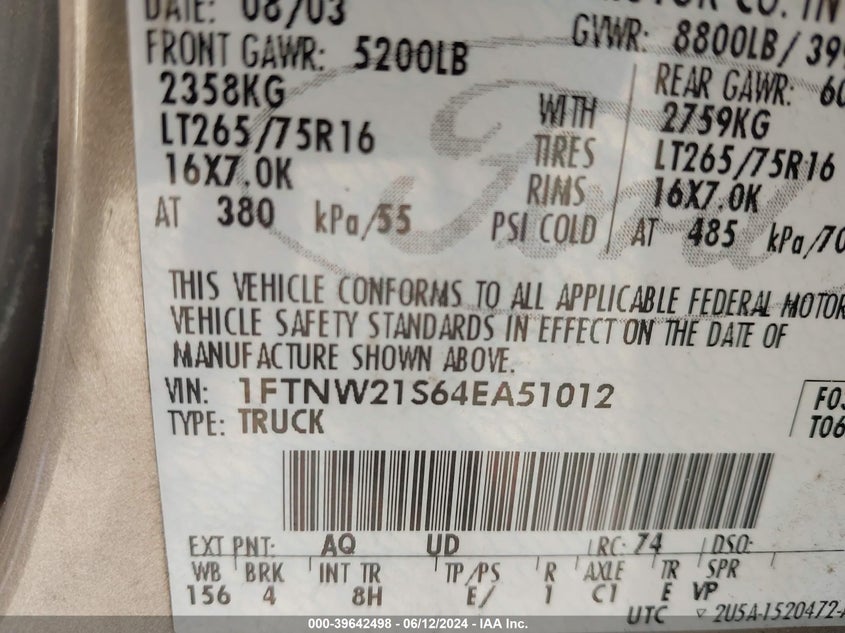 2004 Ford F-250 Lariat/Xl/Xlt VIN: 1FTNW21S64EA51012 Lot: 39642498