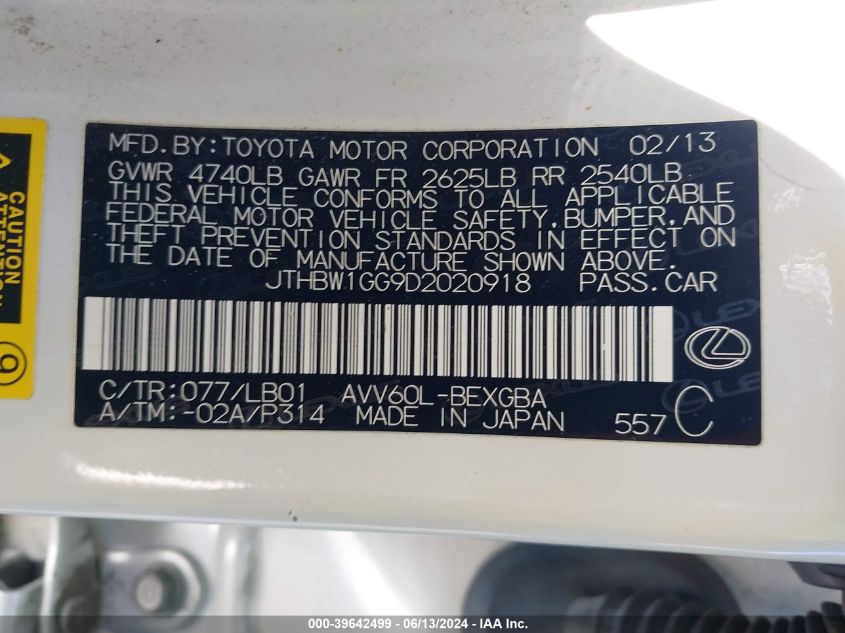 2013 Lexus Es 300H VIN: JTHBW1GG9D2020918 Lot: 39642499