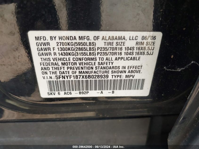 2006 Honda Pilot Ex-L VIN: 5FNYF187X6B028939 Lot: 39642500