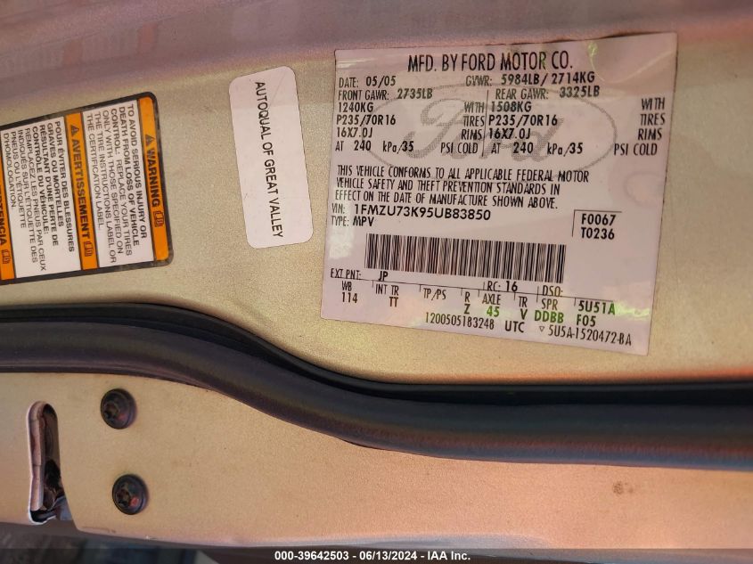 2005 Ford Explorer Xlt/Xlt Sport VIN: 1FMZU73K95UB83850 Lot: 39642503