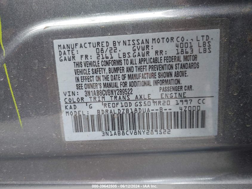 2022 Nissan Sentra Sv Xtronic Cvt VIN: 3N1AB8CV8NY289522 Lot: 39642505