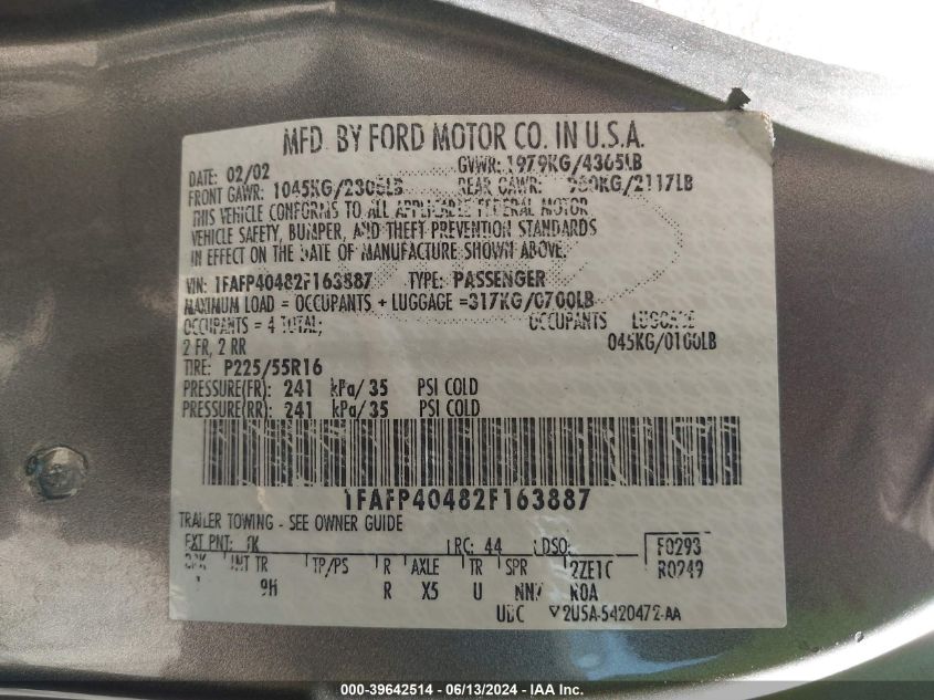 2002 Ford Mustang VIN: 1FAFP40482F163887 Lot: 39642514