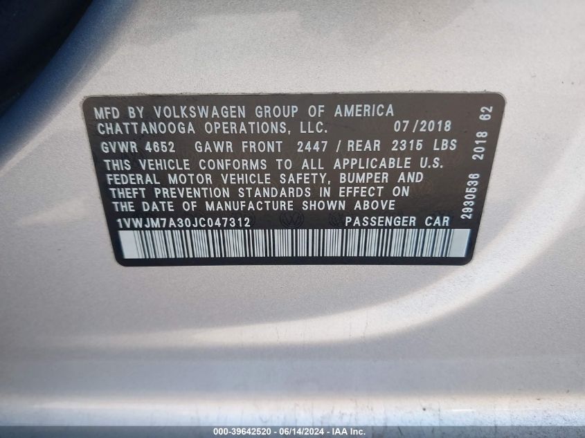 1VWJM78A30JC04731 2018 Volkswagen Passat 3.6L V6 Gt