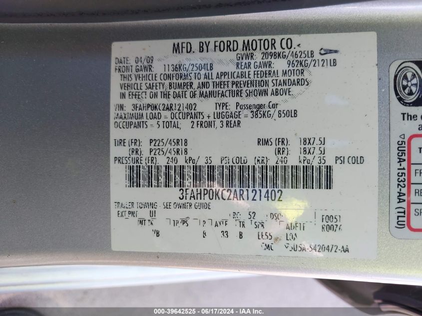 2010 Ford Fusion Sport VIN: 3FAHP0KC2AR121402 Lot: 39642525