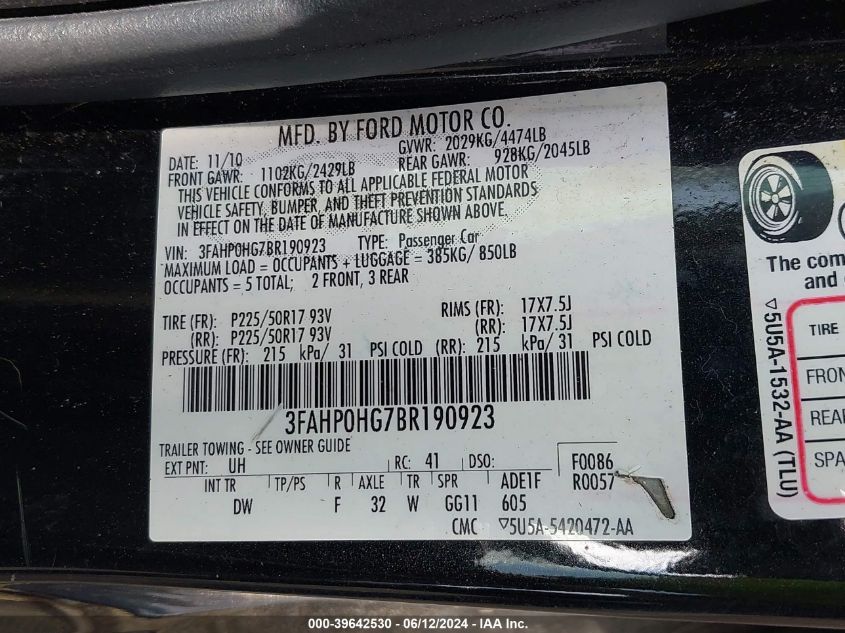 3FAHP0HG7BR190923 | 2011 FORD FUSION