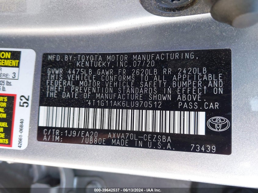 2020 TOYOTA CAMRY SE/SE NIGHT SHADE - 4T1G11AK6LU970512