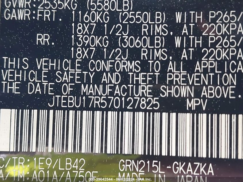 2007 Toyota 4Runner Limited V6 VIN: JTEBU17R570127825 Lot: 39642544