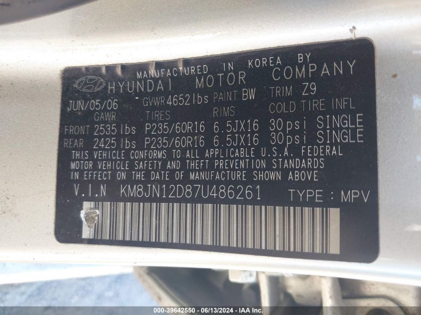 2007 Hyundai Tucson Limited/Se VIN: KM8JN12D87U486261 Lot: 39642550