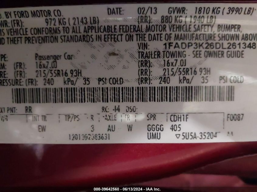 2013 Ford Focus Se VIN: 1FADP3K26DL261348 Lot: 39642560