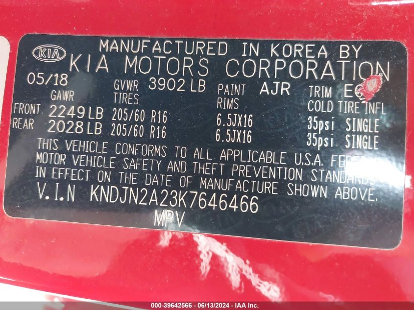 2019 Kia Soul VIN: KNDJN2A23K7646466 Lot: 39642566