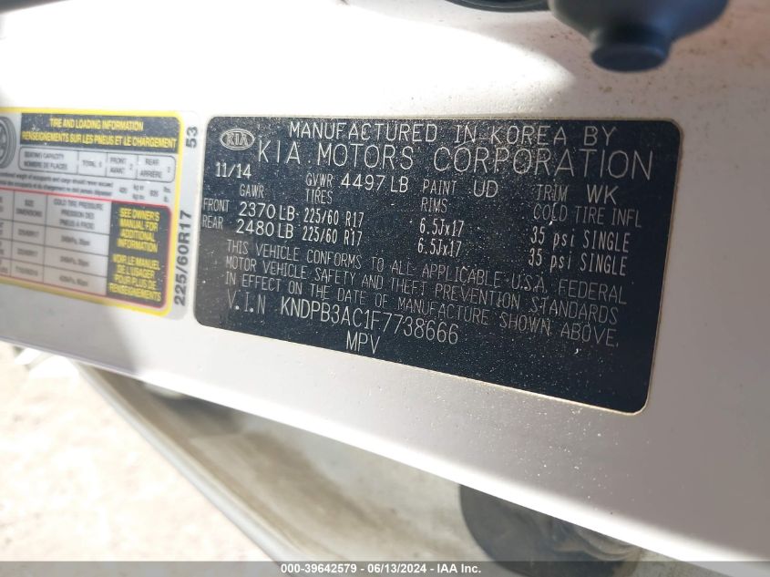 2015 Kia Sportage Lx VIN: KNDPB3AC1F7738666 Lot: 39642579