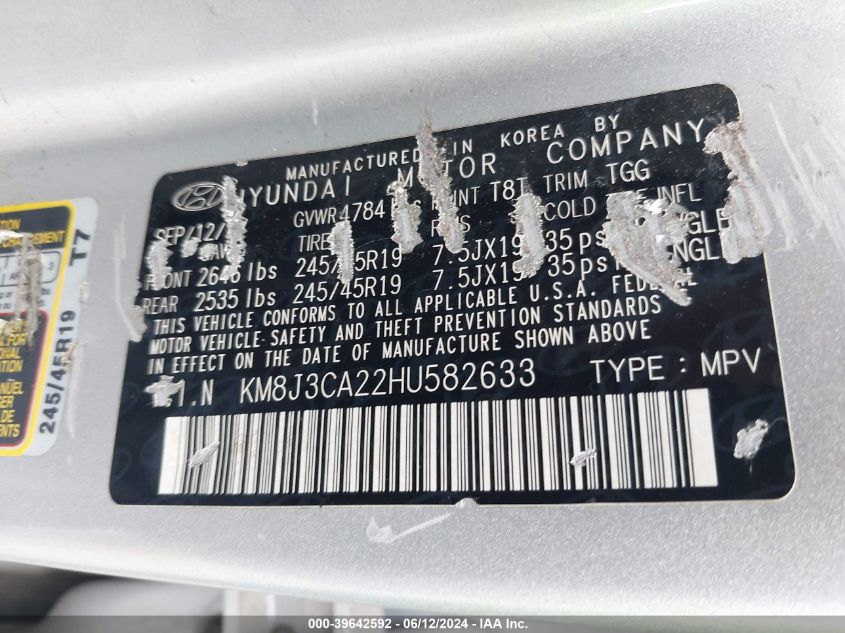 2017 Hyundai Tucson Sport VIN: KM8J3CA22HU582633 Lot: 39642592