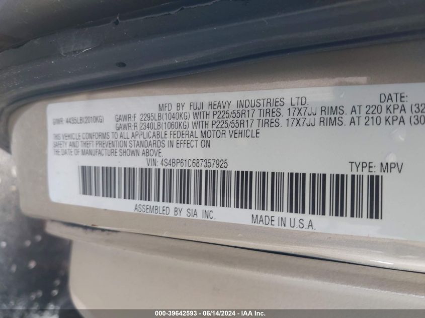 2008 Subaru Outback 2.5I/2.5I L.l. Bean Edition VIN: 4S4BP61C687357925 Lot: 39642593