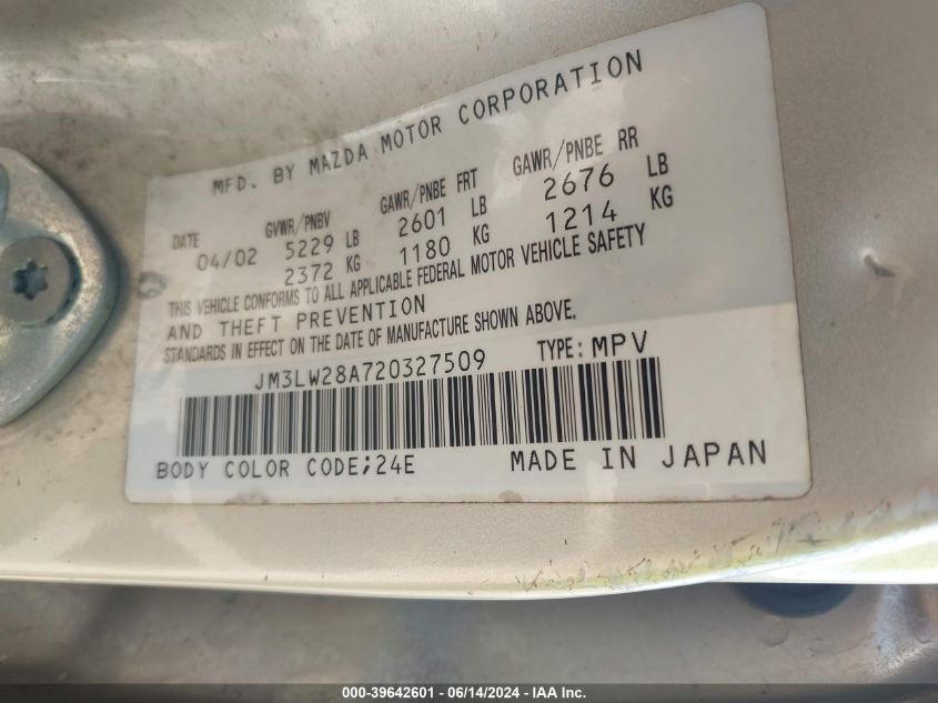 2002 Mazda Mpv Es/Lx VIN: JM3LW28A720327509 Lot: 39642601