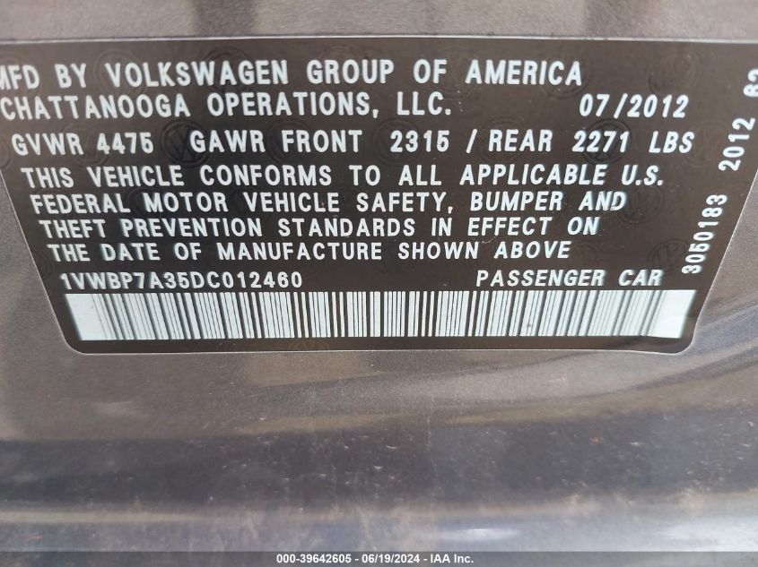 2013 Volkswagen Passat 2.5L Se VIN: 1VWBP7A35DC012460 Lot: 39642605