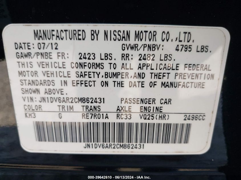 2012 Infiniti G25X VIN: JN1DV6AR2CM862431 Lot: 39642610