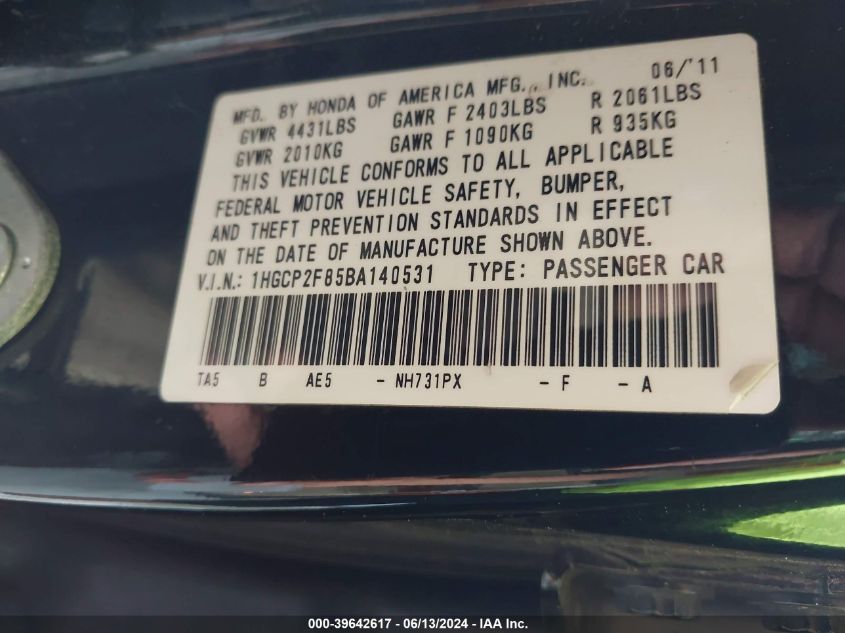 2011 Honda Accord 2.4 Ex-L VIN: 1HGCP2F85BA140531 Lot: 39642617