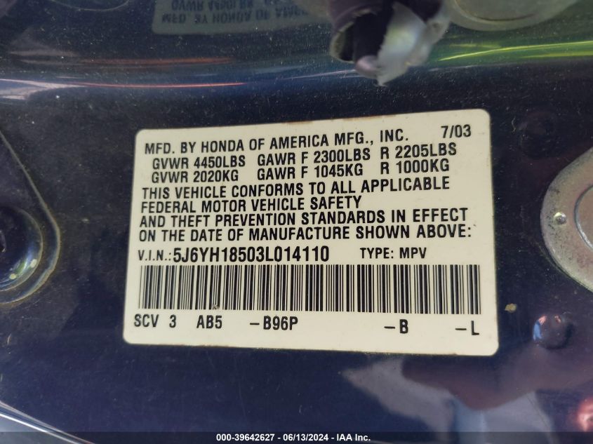 2003 Honda Element Ex VIN: 5J6YH18503L014110 Lot: 39642627