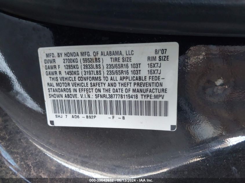 2007 Honda Odyssey Ex-L VIN: 5FNRL38777B119418 Lot: 39642632