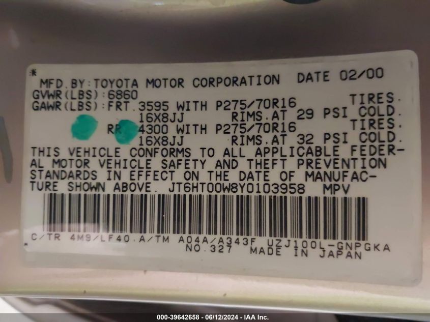 2000 Lexus Lx 470 VIN: JT6HT00W8Y0103958 Lot: 39642658