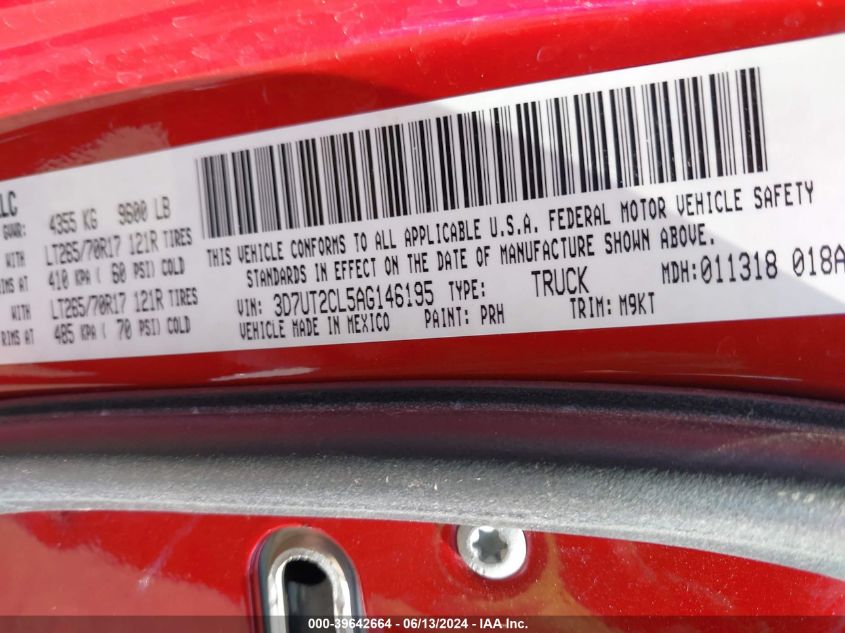 2010 Dodge Ram 2500 Slt VIN: 3D7UT2CL5AG146195 Lot: 39642664