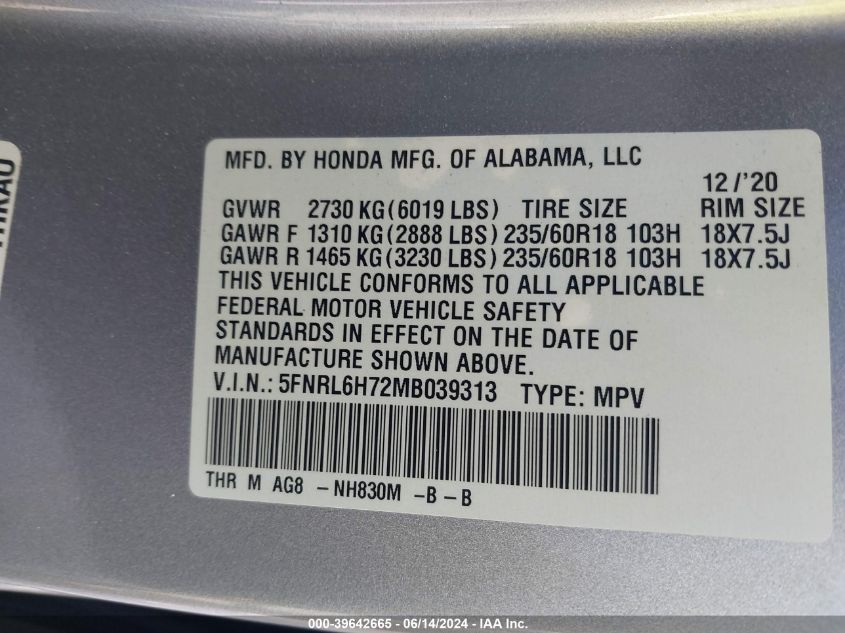 2021 Honda Odyssey Ex-L VIN: 5FNRL6H72MB039313 Lot: 39642665