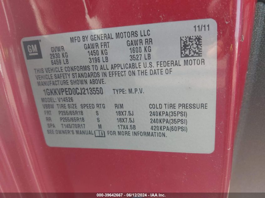 2012 GMC Acadia Sle VIN: 1GKKVPED0CJ213550 Lot: 39642667