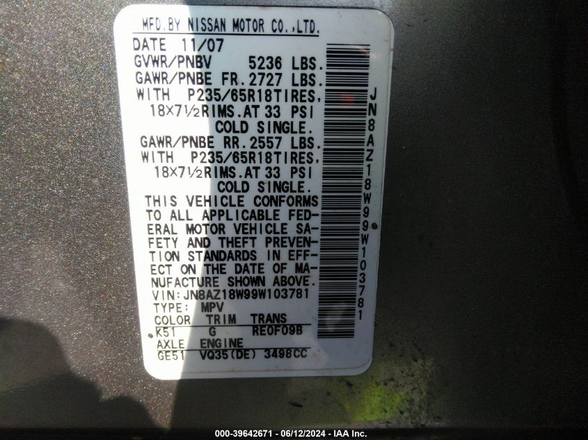 2009 Nissan Murano Sl VIN: JN8AZ18W99W103781 Lot: 39642671