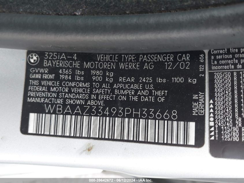 2003 BMW 325I VIN: WBAAZ33493PH33668 Lot: 39642672