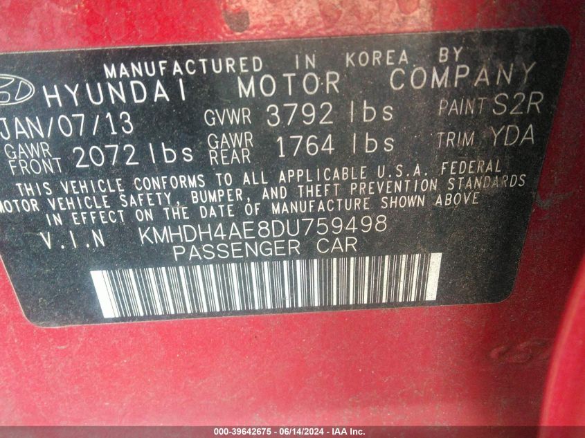 2013 Hyundai Elantra Gls VIN: KMHDH4AE8DU759498 Lot: 39642675