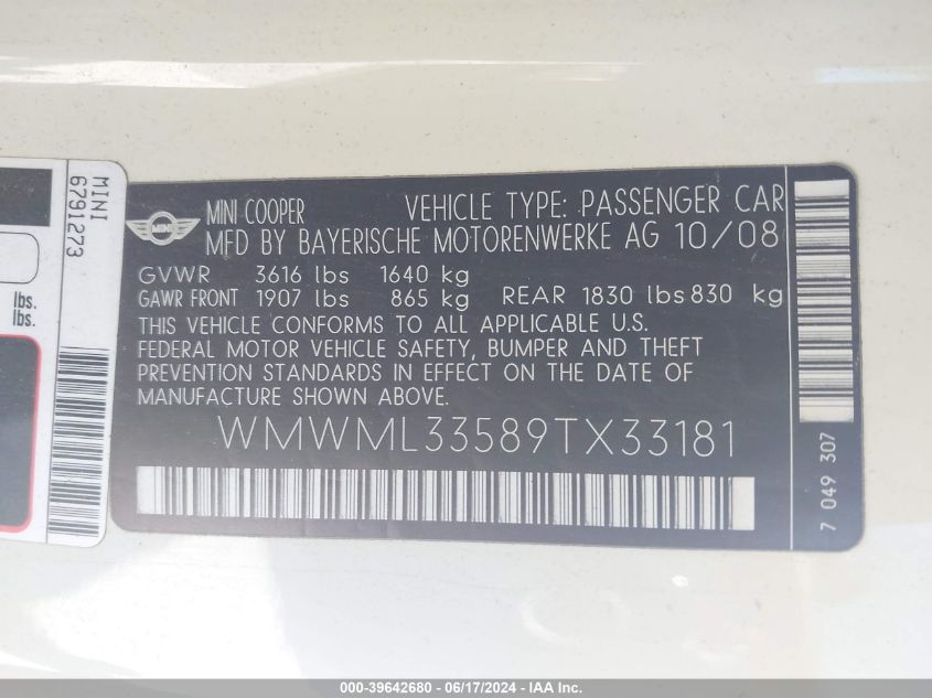 2009 Mini Cooper Clubman VIN: WMWML33589TX33181 Lot: 39642680