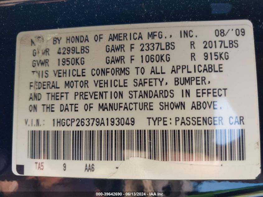 2009 Honda Accord 2.4 Lx VIN: 1HGCP26379A193049 Lot: 39642690