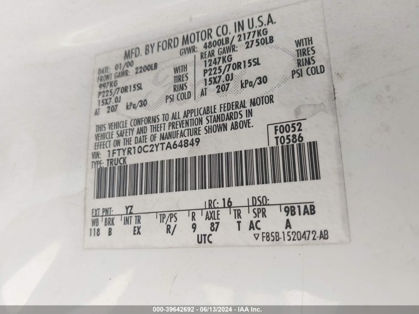 2000 Ford Ranger Xl/Xlt VIN: 1FTYR10C2YTA64849 Lot: 39642692