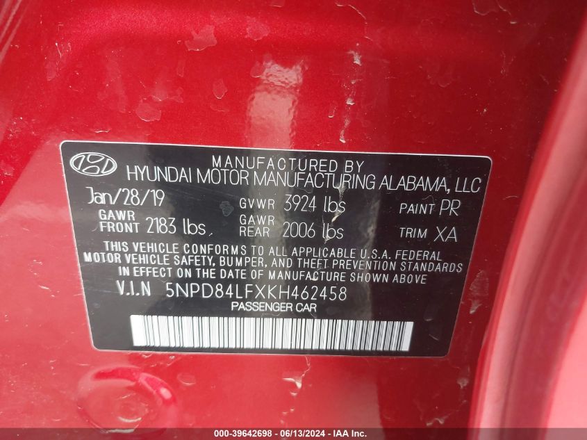 2019 Hyundai Elantra Value Edition VIN: 5NPD84LFXKH462458 Lot: 39642698