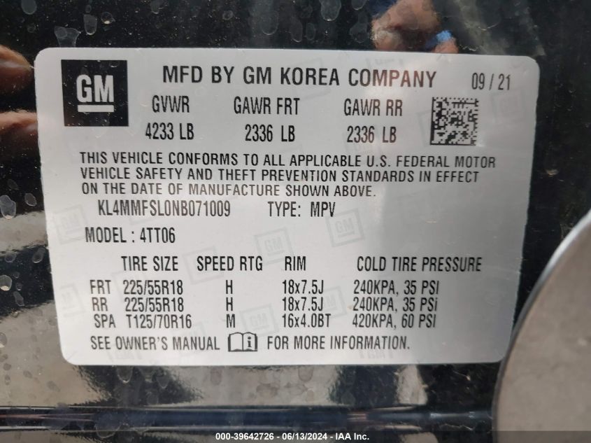 2022 Buick Encore Gx Fwd Essence VIN: KL4MMFSL0NB071009 Lot: 39642726