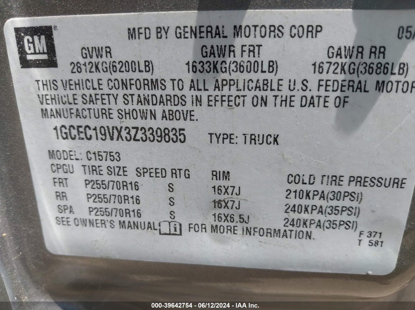 2003 Chevrolet Silverado 1500 Ls VIN: 1GCEC19VX3Z339835 Lot: 39642754