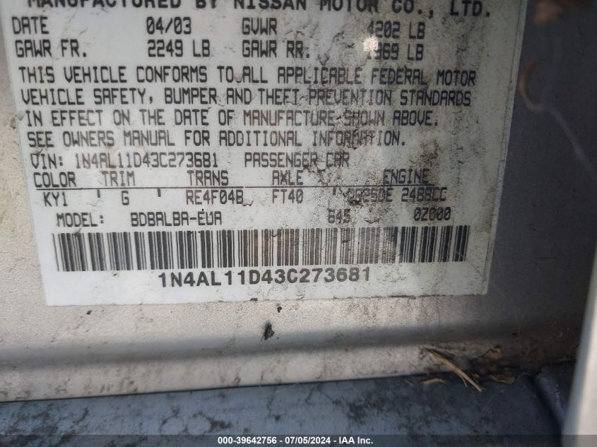 2003 Nissan Altima 2.5 S VIN: 1N4AL11D43C273681 Lot: 39642756