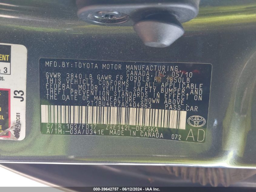 2010 Toyota Corolla S VIN: 2T1BU4EE7AC404963 Lot: 39642757