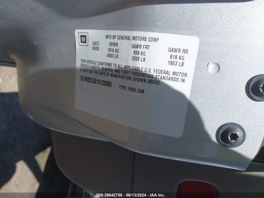 2001 Chevrolet Malibu VIN: 1G1ND52J816122089 Lot: 39642758