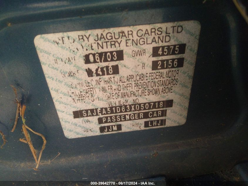 2003 Jaguar X-Type 2.5 VIN: SAJEA51D63XD50718 Lot: 39642770